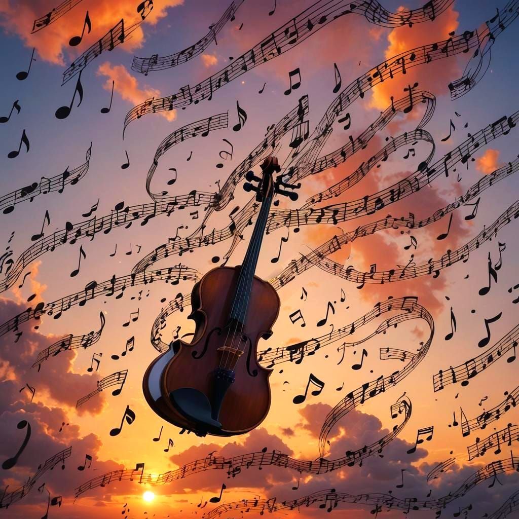 Colorful Sunset Inside Violin Silhouette, Detailed Matte Pai...