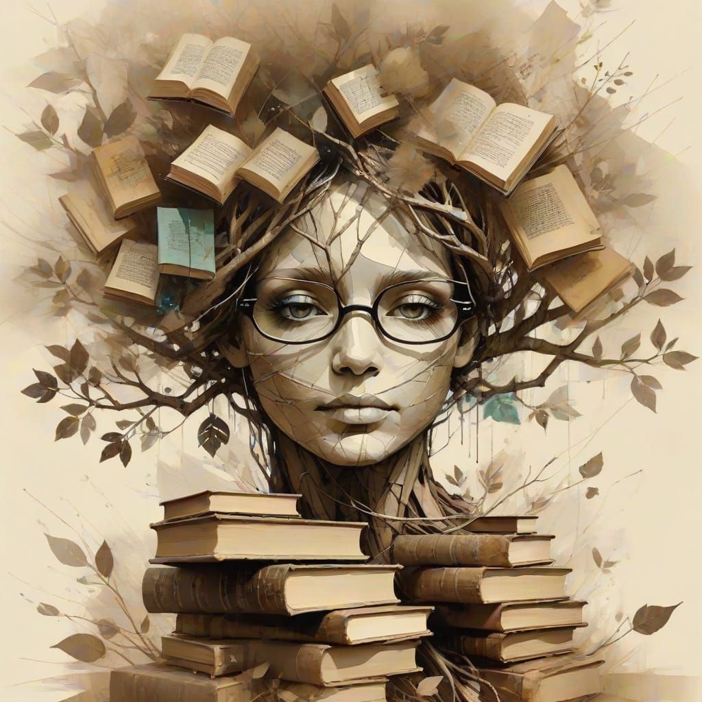 Enchanted Tree of Tome Treasures in Ethereal Sepia