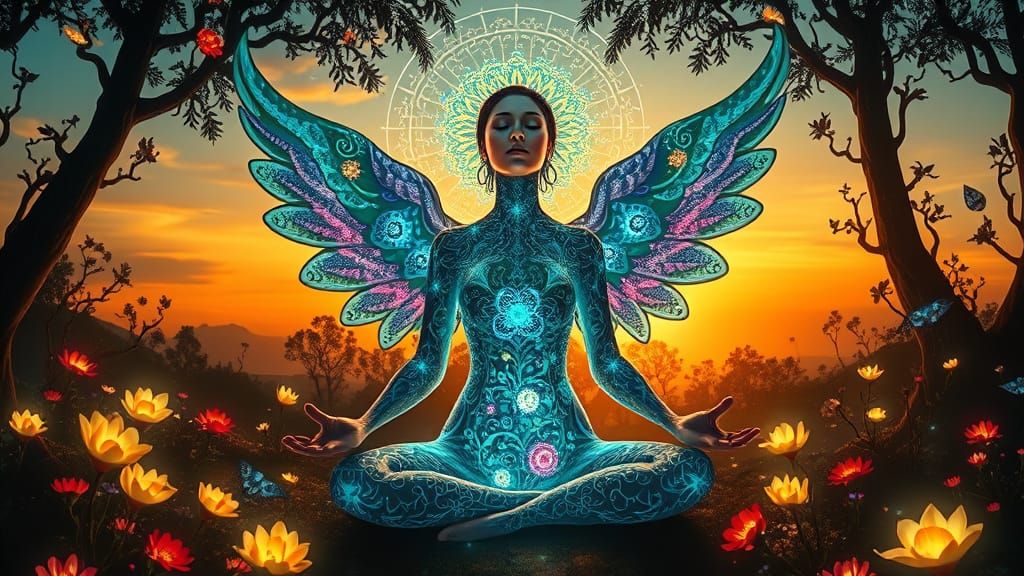 Mystical Woman Meditating in Labyrinth of Light