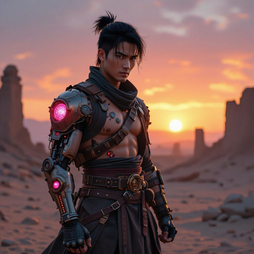 Steampunk Warrior in Desert Ruins at Sunset