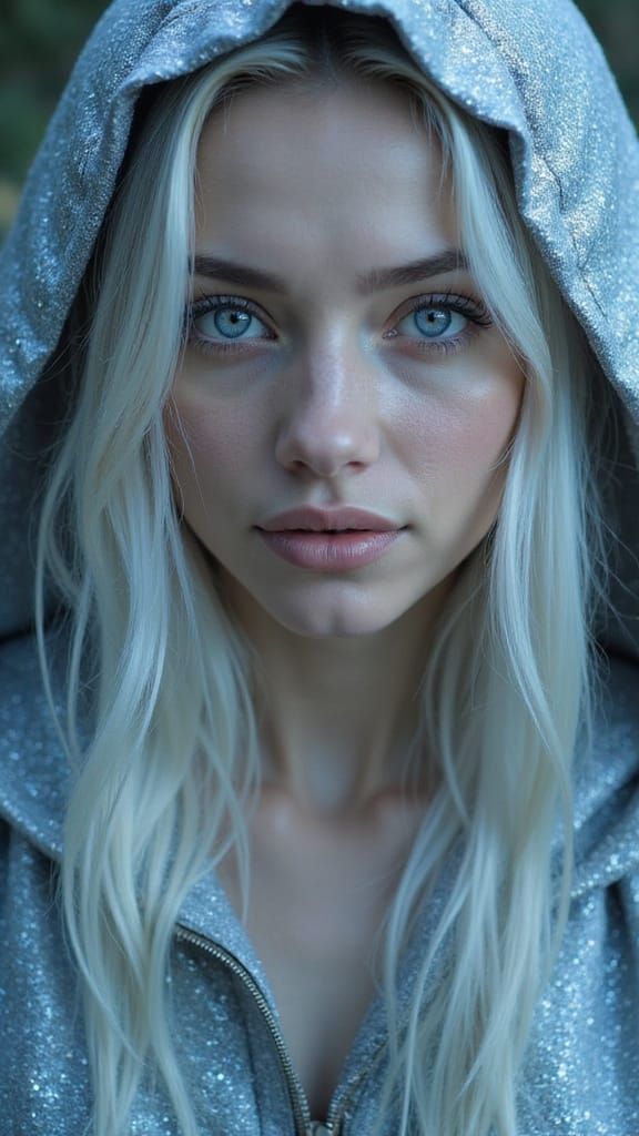 Ethereal Woman in Shimmering Blue Cloak
