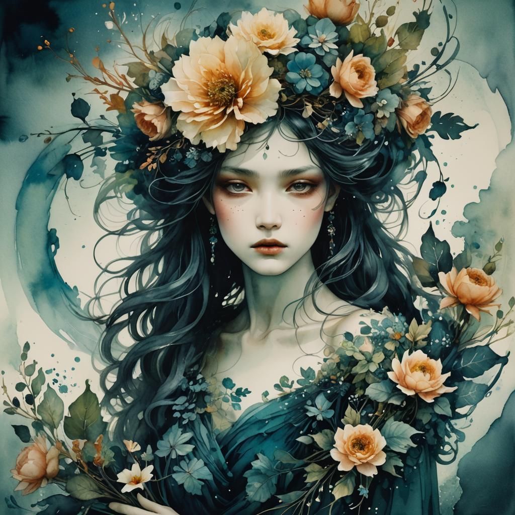 Mystical Water Elemental in Detailed Watercolor and Ink