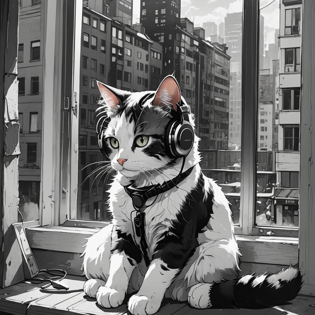 Cat with Headphones: Anime-Style City Window