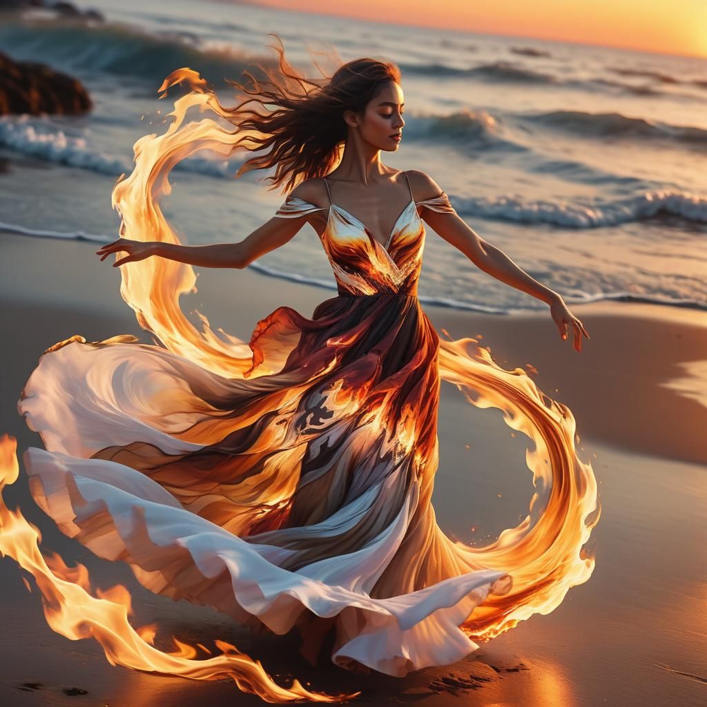 Woman Dancing Over Fire: Vibrant Digital Art