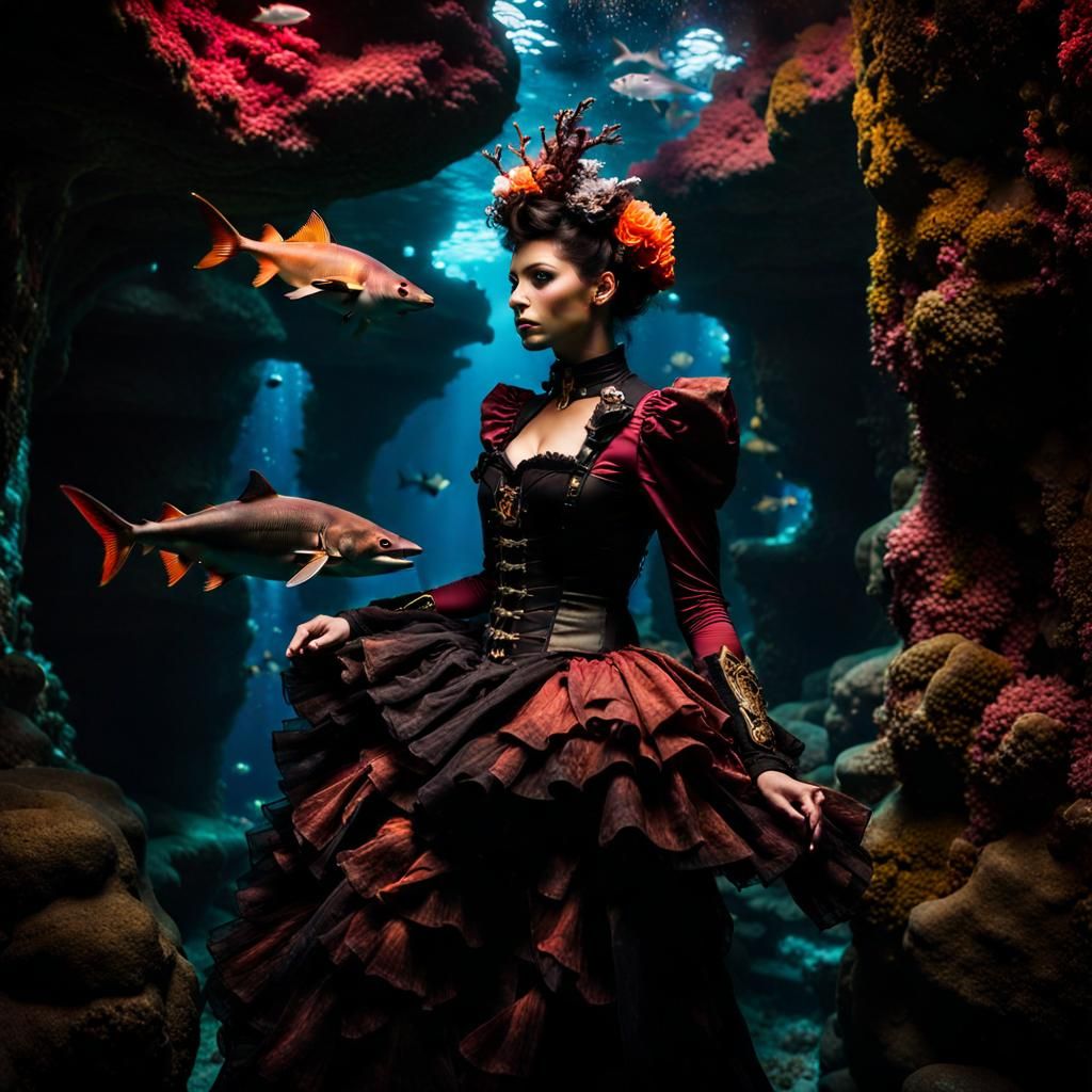 Steampunk Woman in Underwater Fantasy Scene