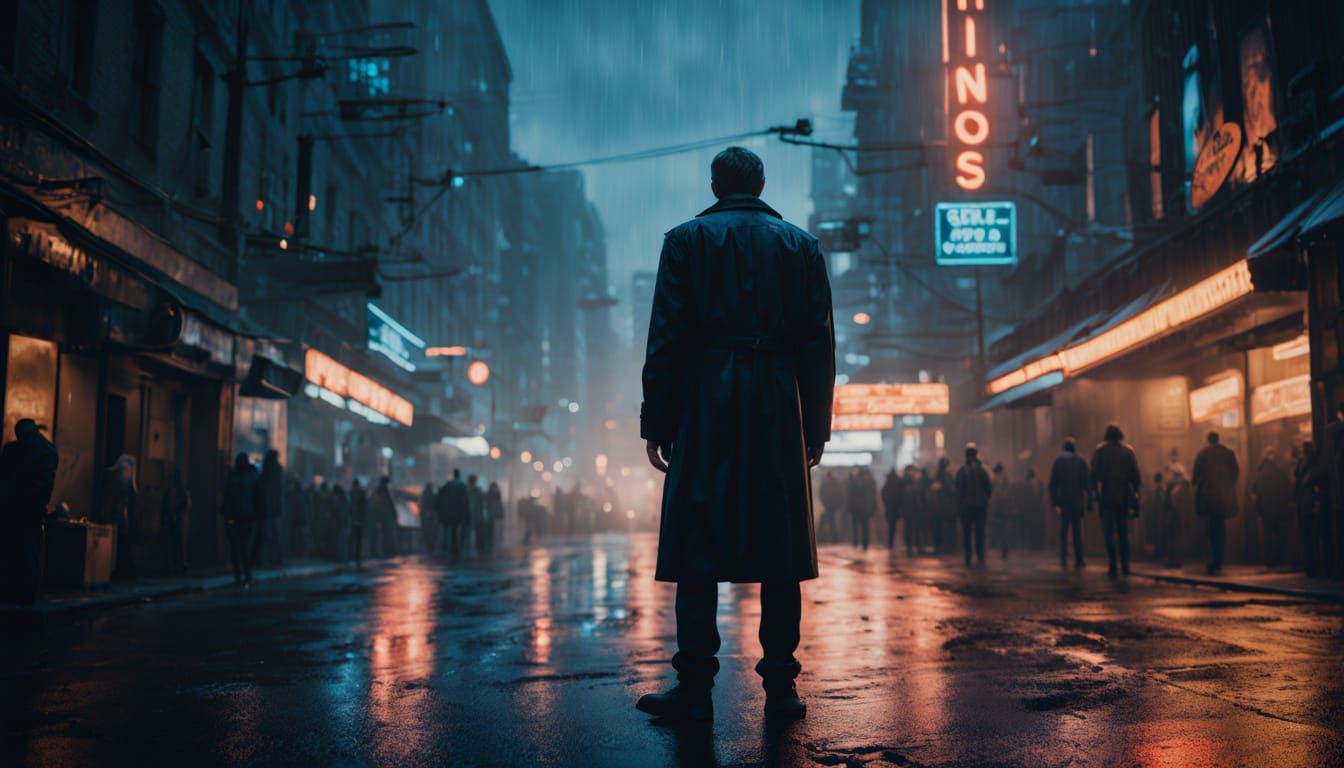 Rainy City Streets in Cyberpunk Noir