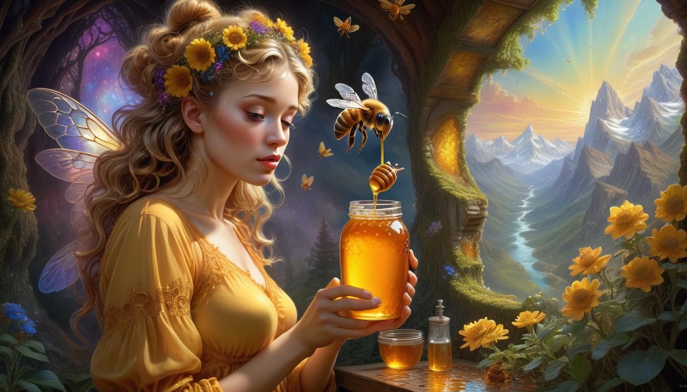 Surreal Queen Bee Goddess Under Celestial Light