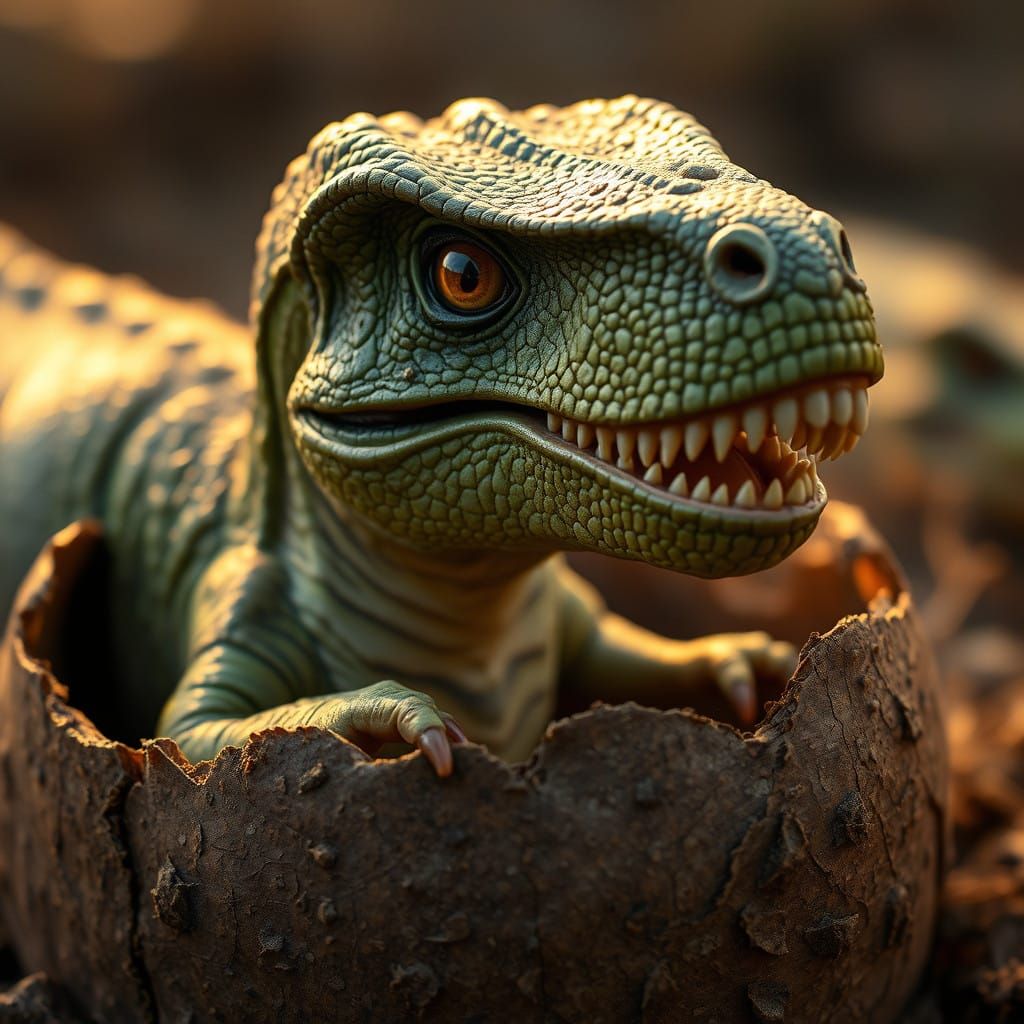 Baby T-Rex Emerges from Eggshell in Warm, Golden Light