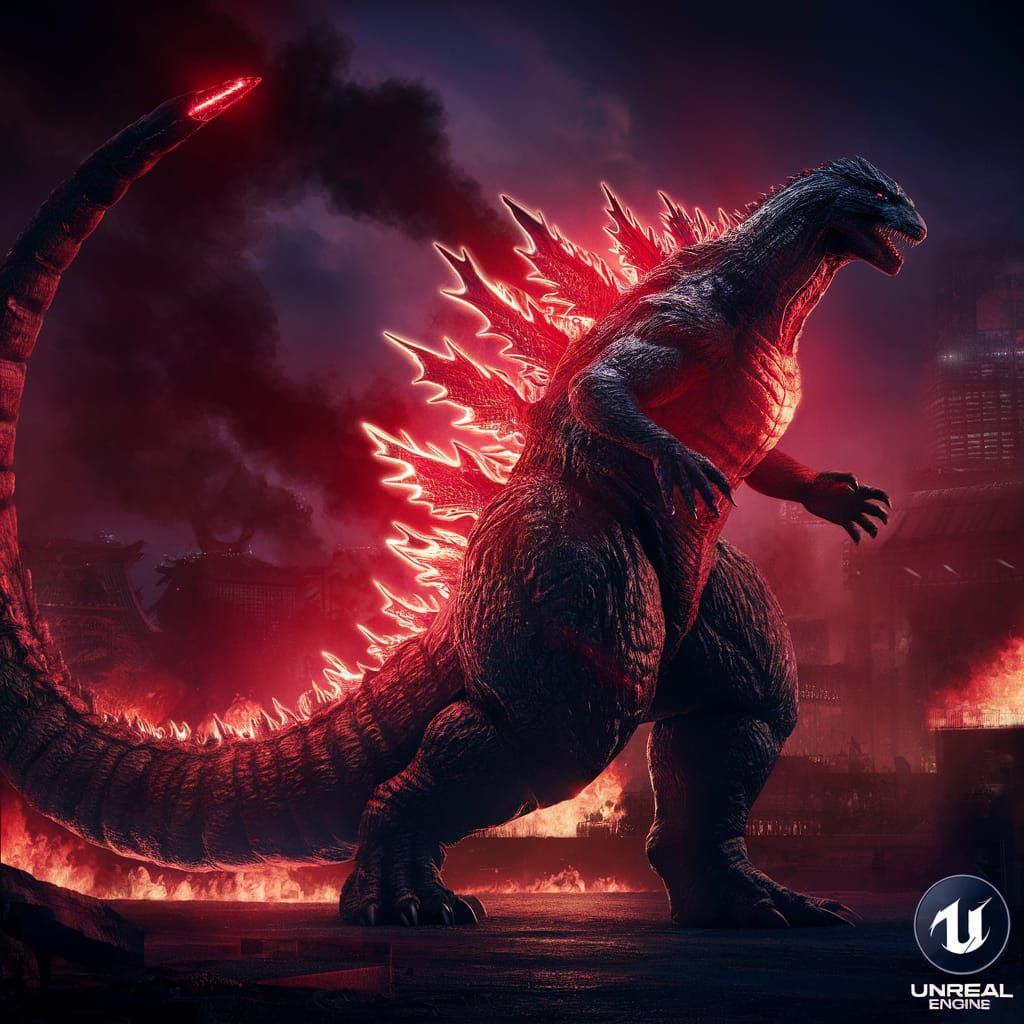 Menacing Godzilla with Red Glow in Burning Cityscape