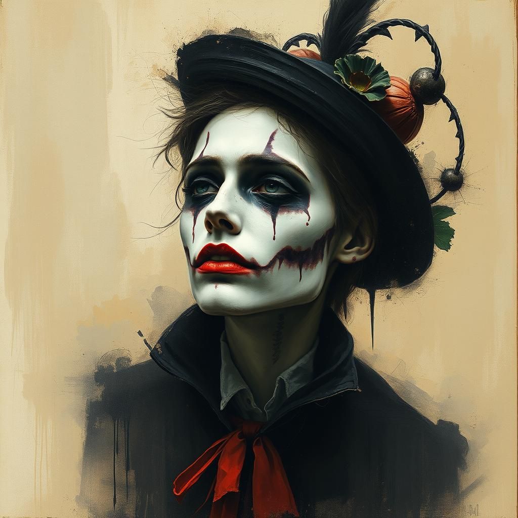 Surreal Pierrot Portrait with Expressive Brushstrokes