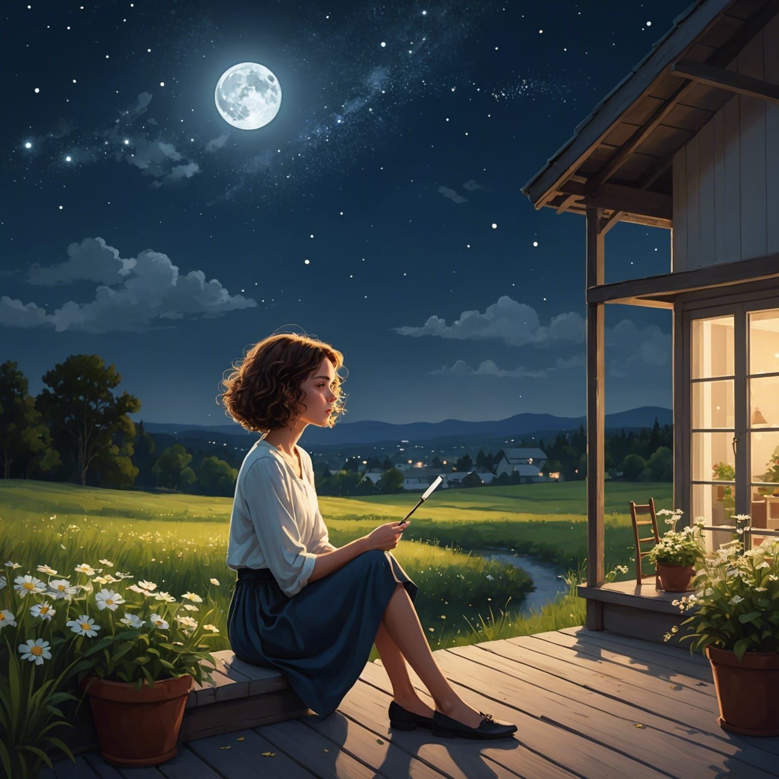 Night Sky Digital Painting with Girl on Terrace