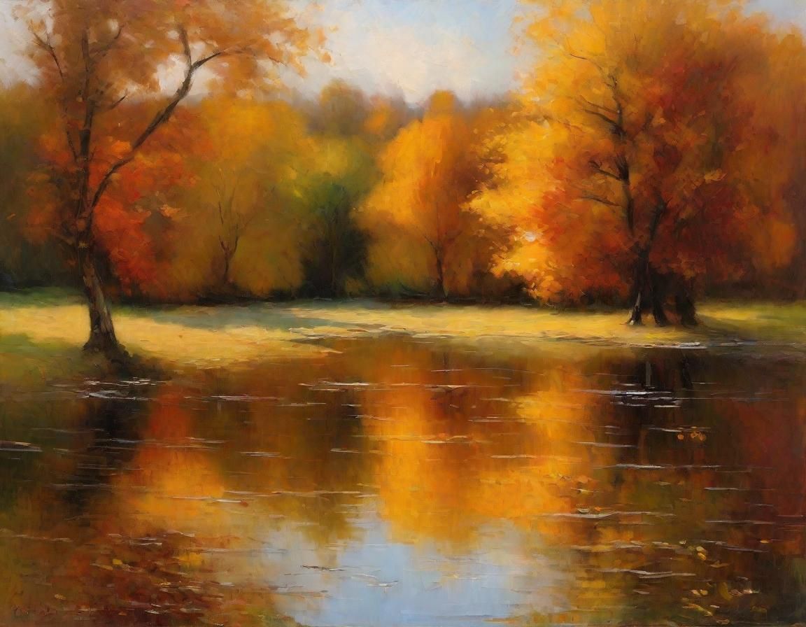 Impressionist Autumn Pond Landscape Painting