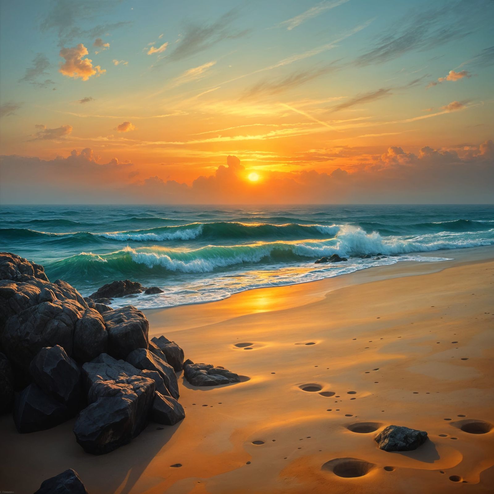 Ethereal Dawn Over a Sandy Beach in a Neoclassical Oil Paint...