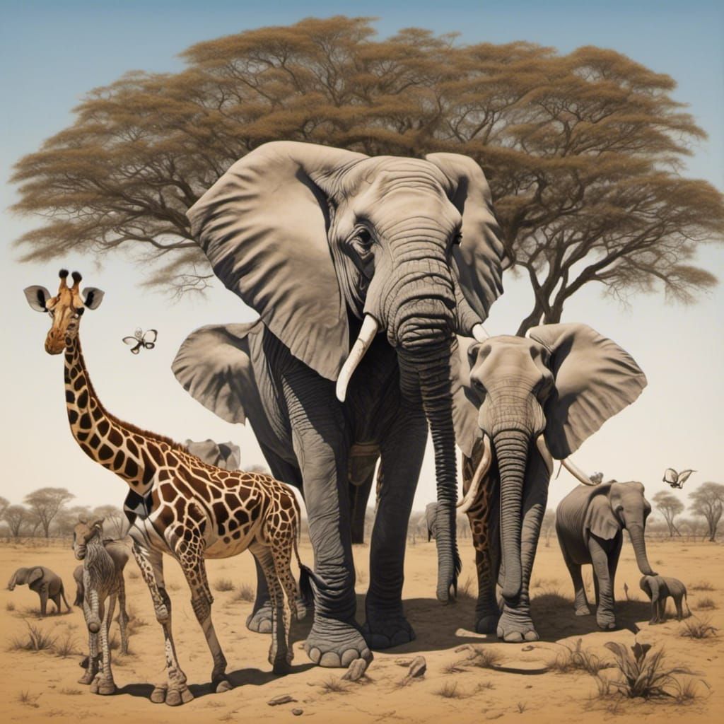 Zebra-Punk Savannah with Elephants and Giraffes