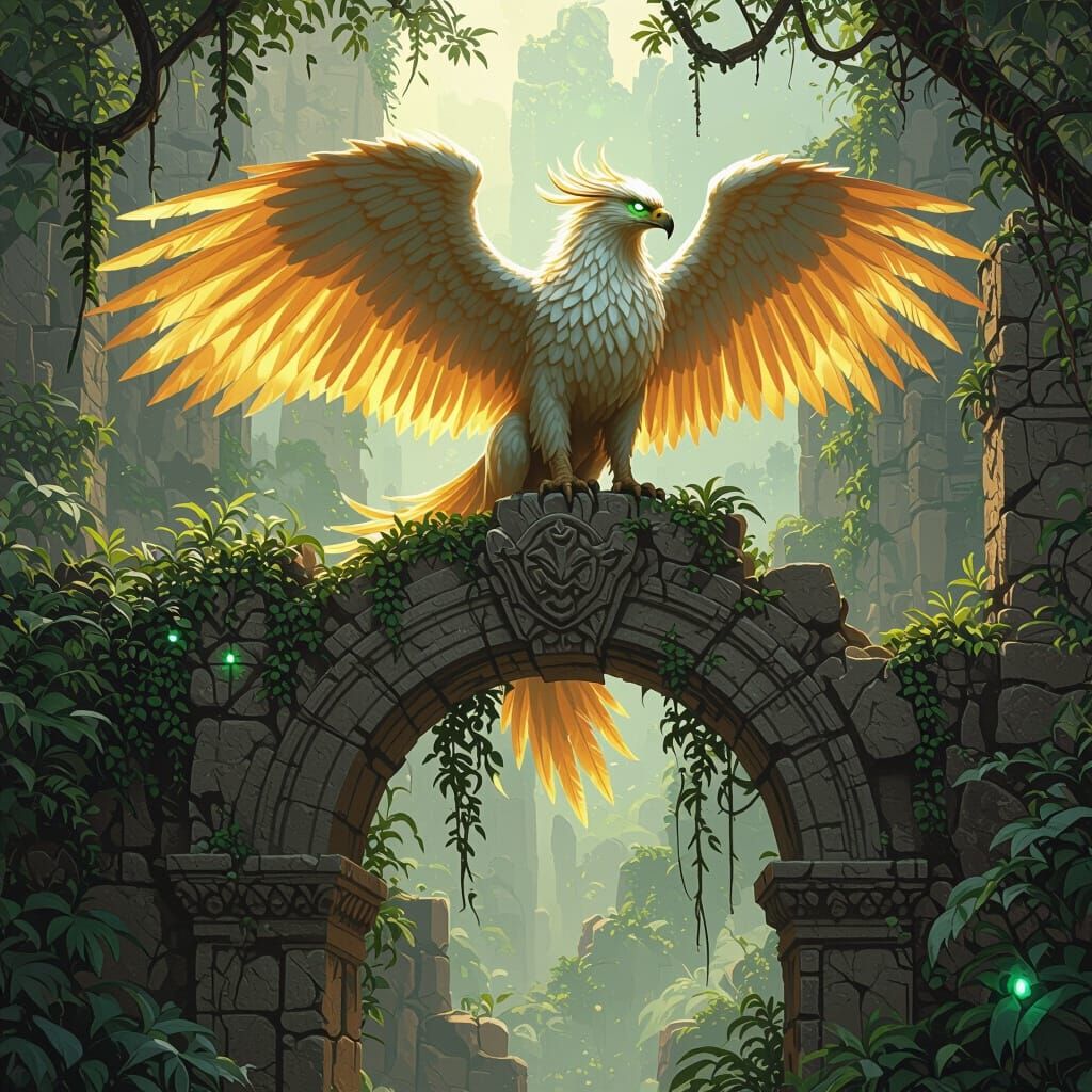 Golden Griffin Perched on Ancient Ruins