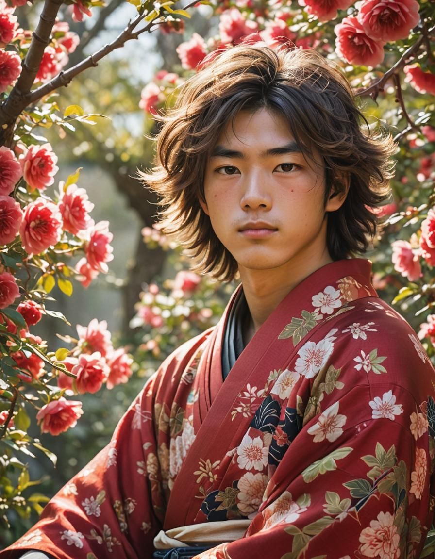 Serene Japanese Youth in Vibrant Floral Surrounds