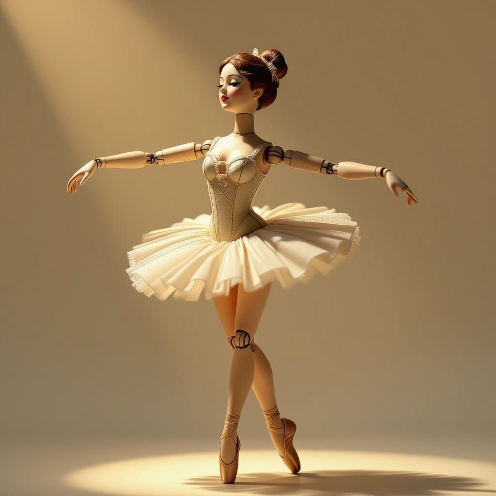 Articulated Wooden Marionette Dancer in Hyperrealistic Style