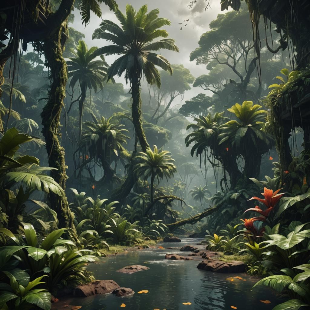 Exotic Jungle in Hurricane: Detailed Matte Painting