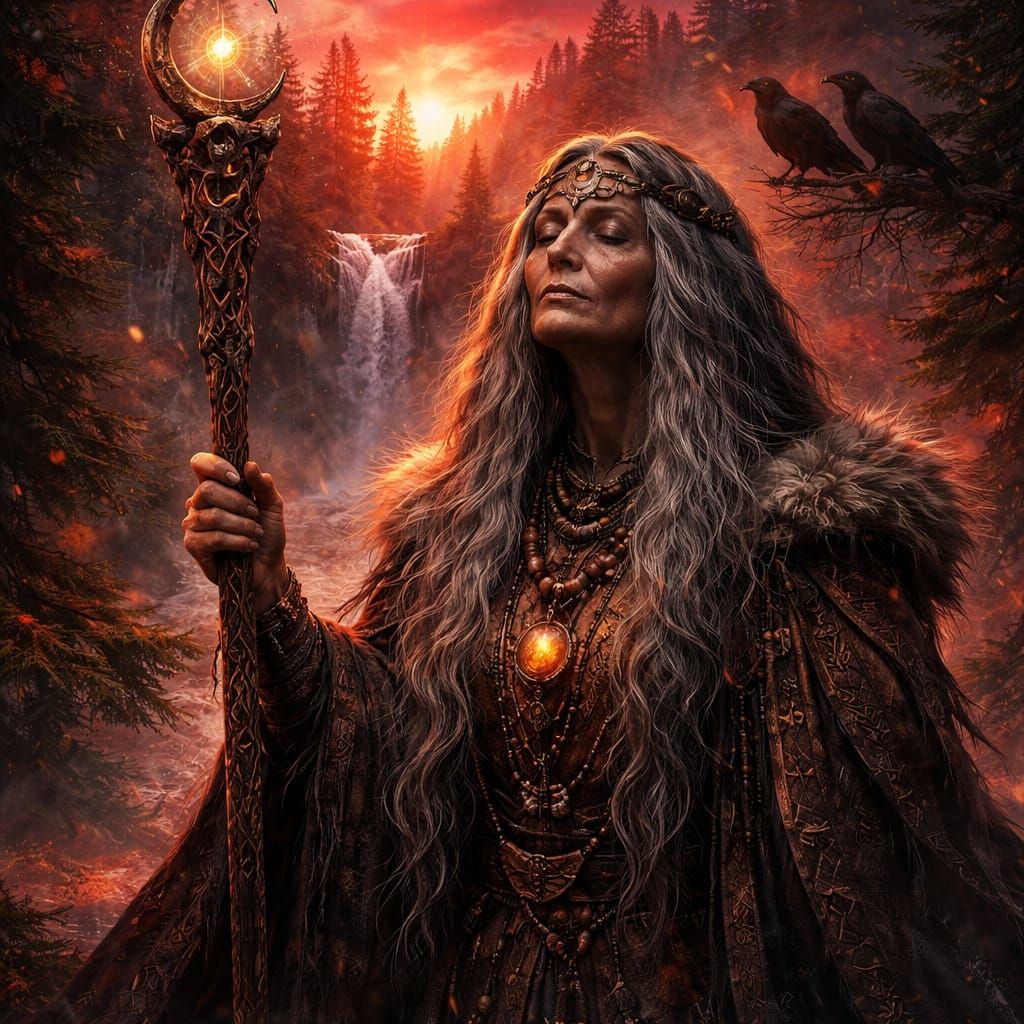 Ancient Völva in Misty Forest Double Exposure