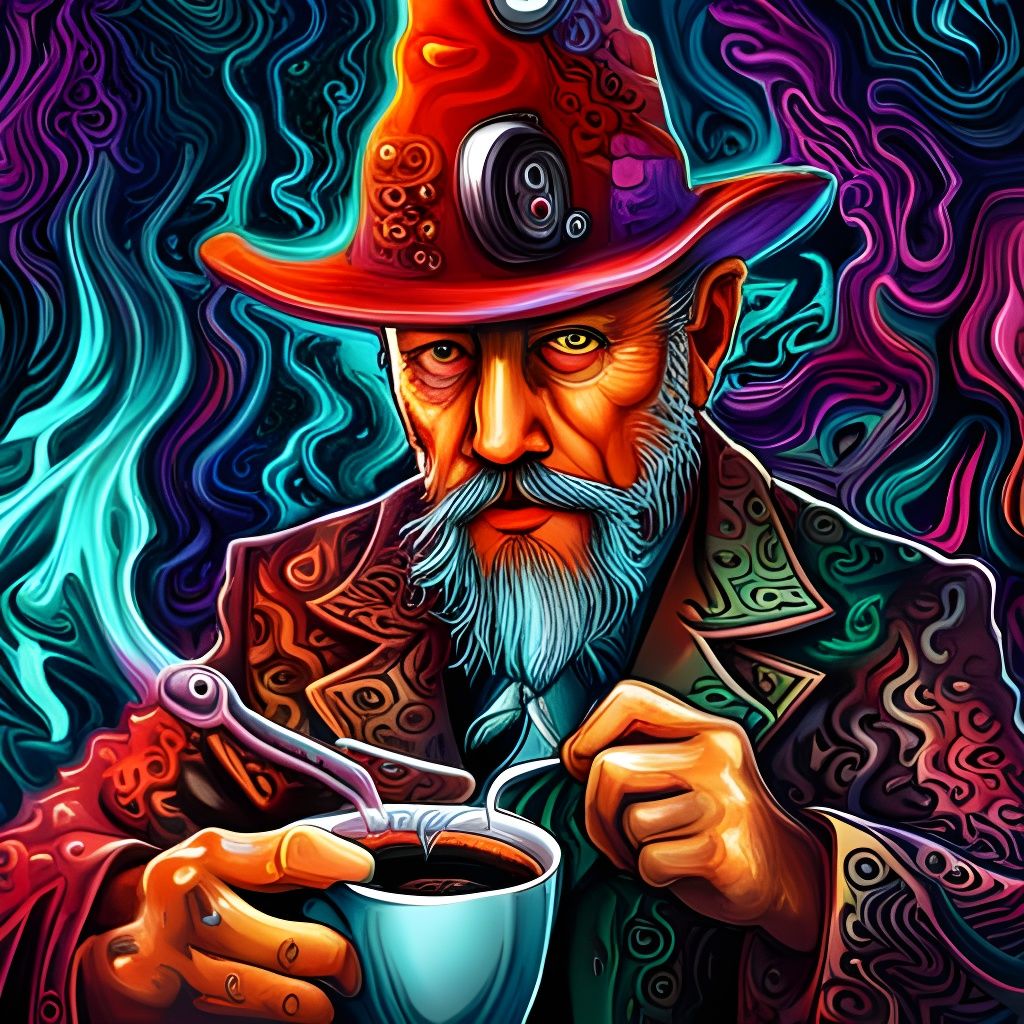 Leopard Wizard Drinks Cyberpunk Coffee: Digital Illustration