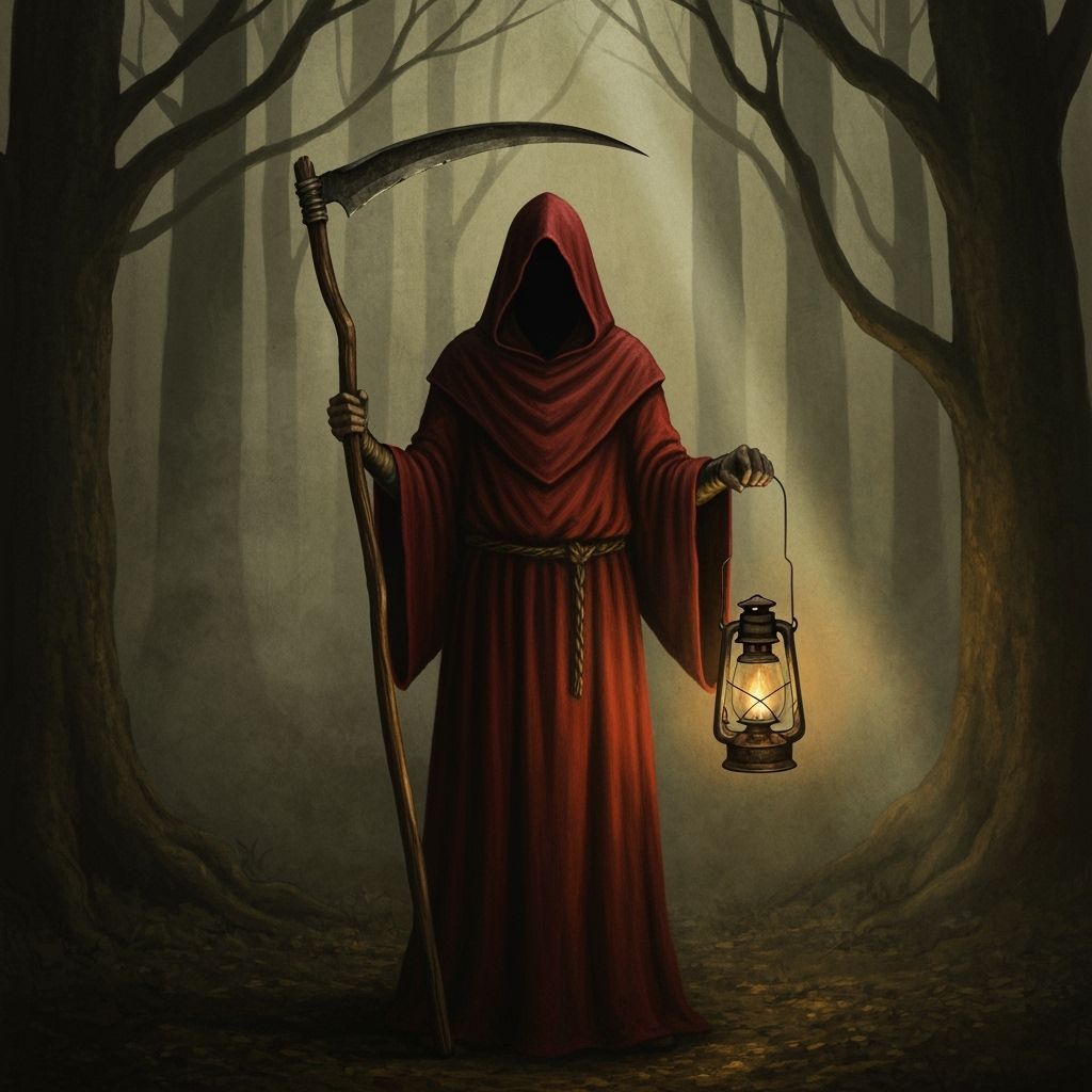 Cloaked Figure in Crimson Robe with Scythe and Lantern