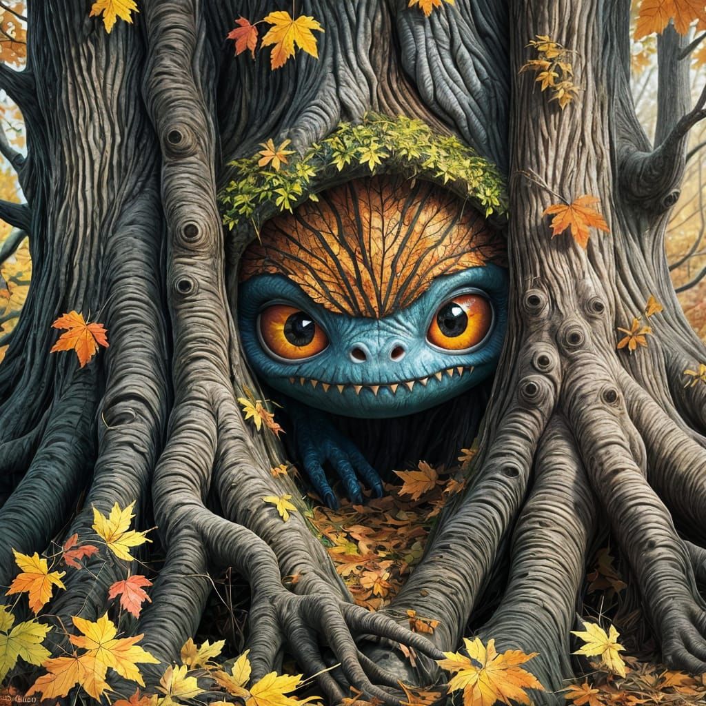 Cute Monster Hidden in Autumn Forest