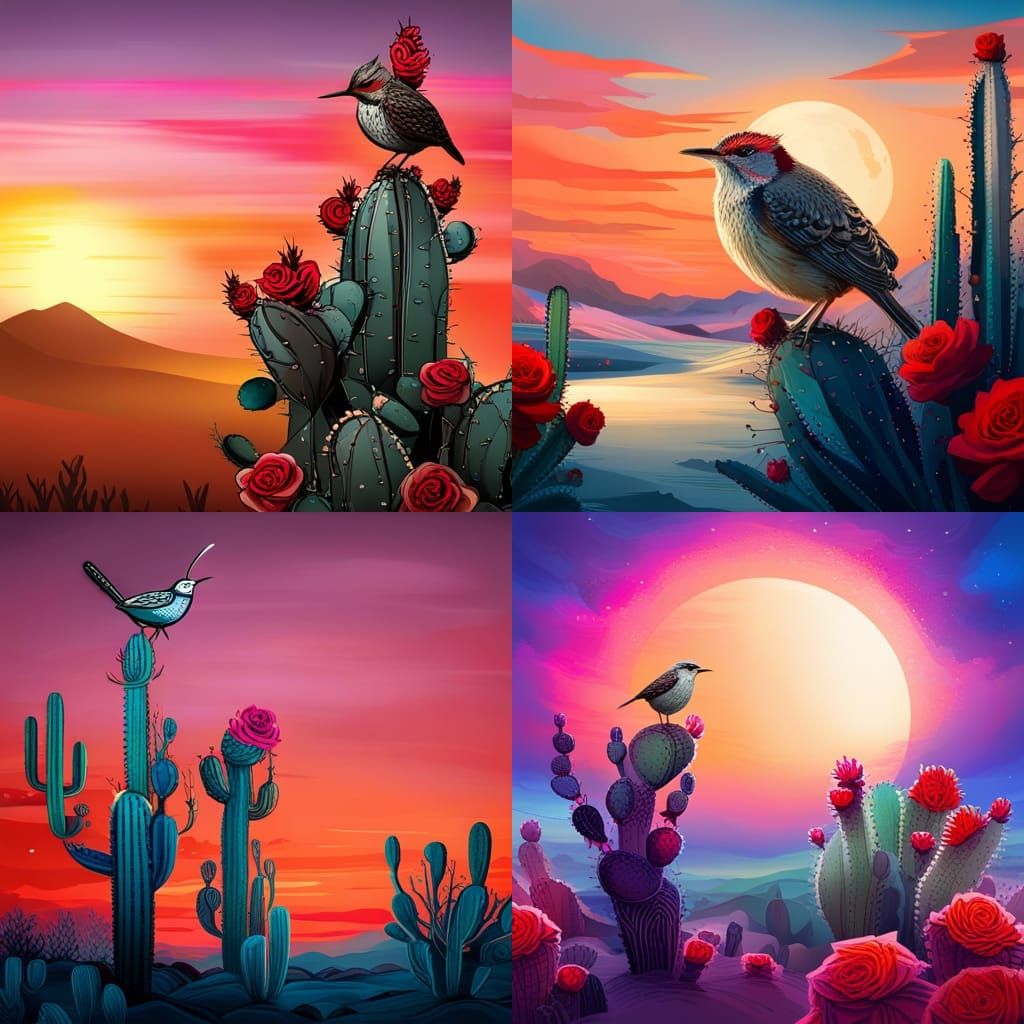 Cactus Wren in Desert Sunset: Trash Polka Tattoo