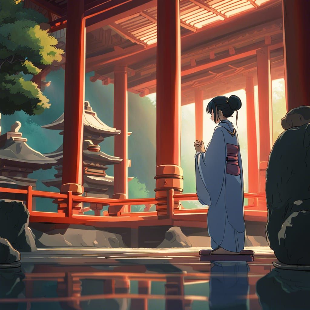 Traditional Shinto priestess praying at a temple.