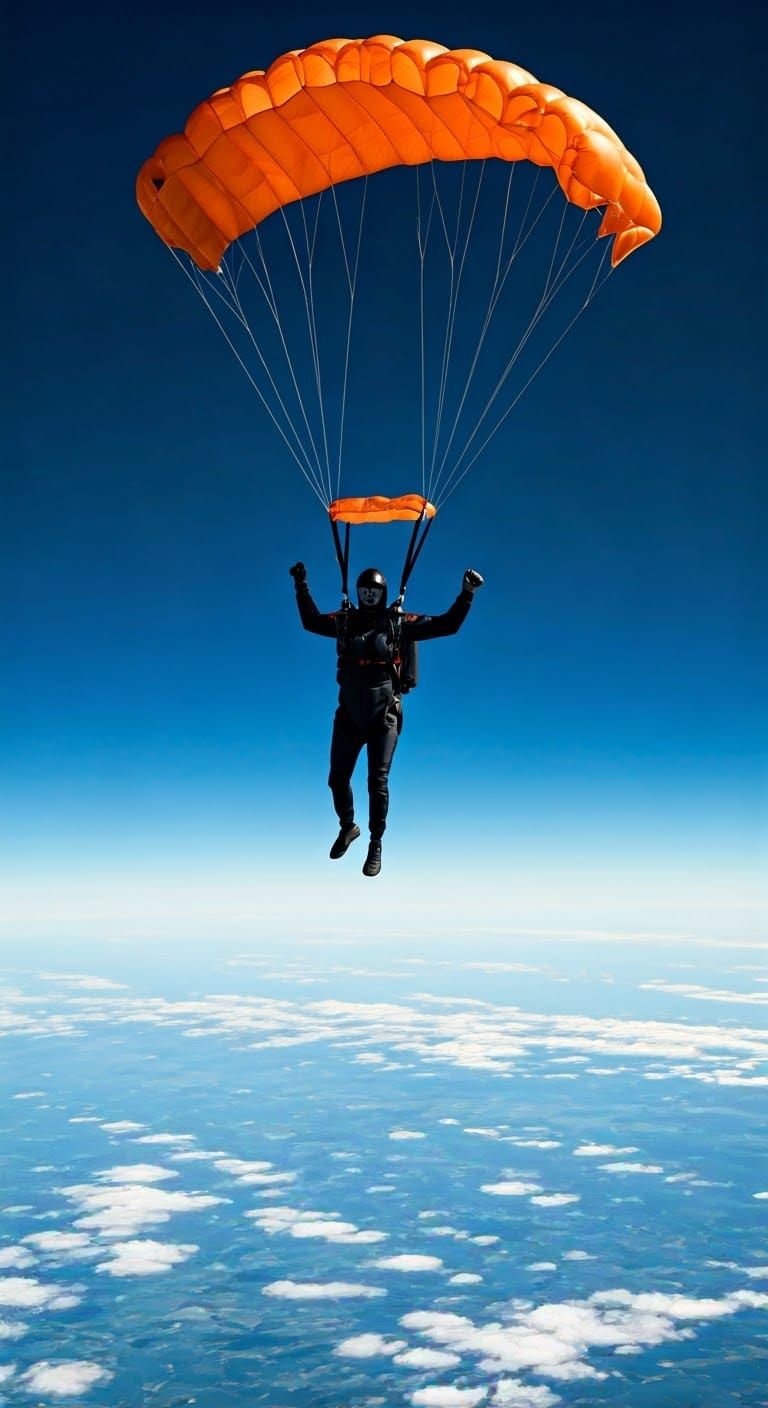 Skydiver Silhouette Descends in Cinematic Aerial View