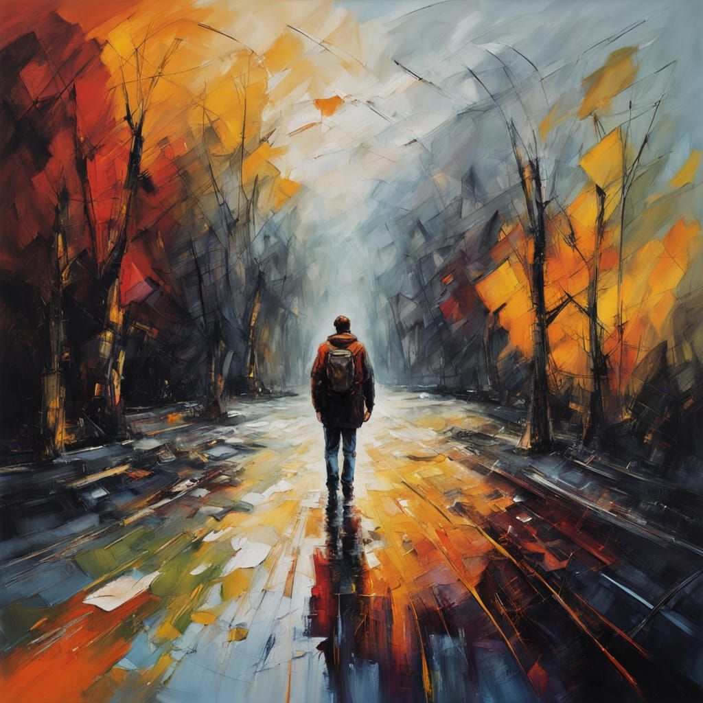 Abstract Expressionist Figure Walks to Warm Light