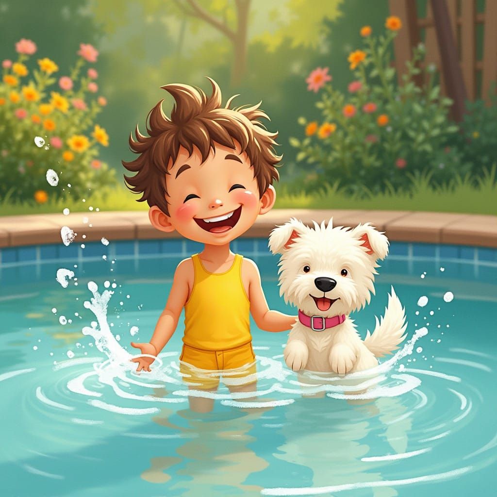 Joyful Boy Plays with Fluffy Dog by Sparkling Pool