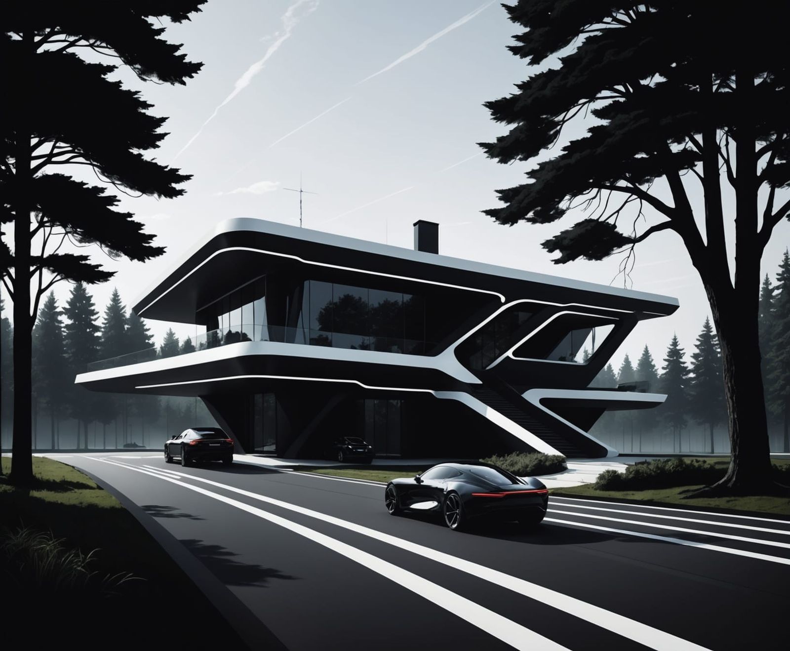 Futuristic Country House Silhouette in Zaha Hadid Style