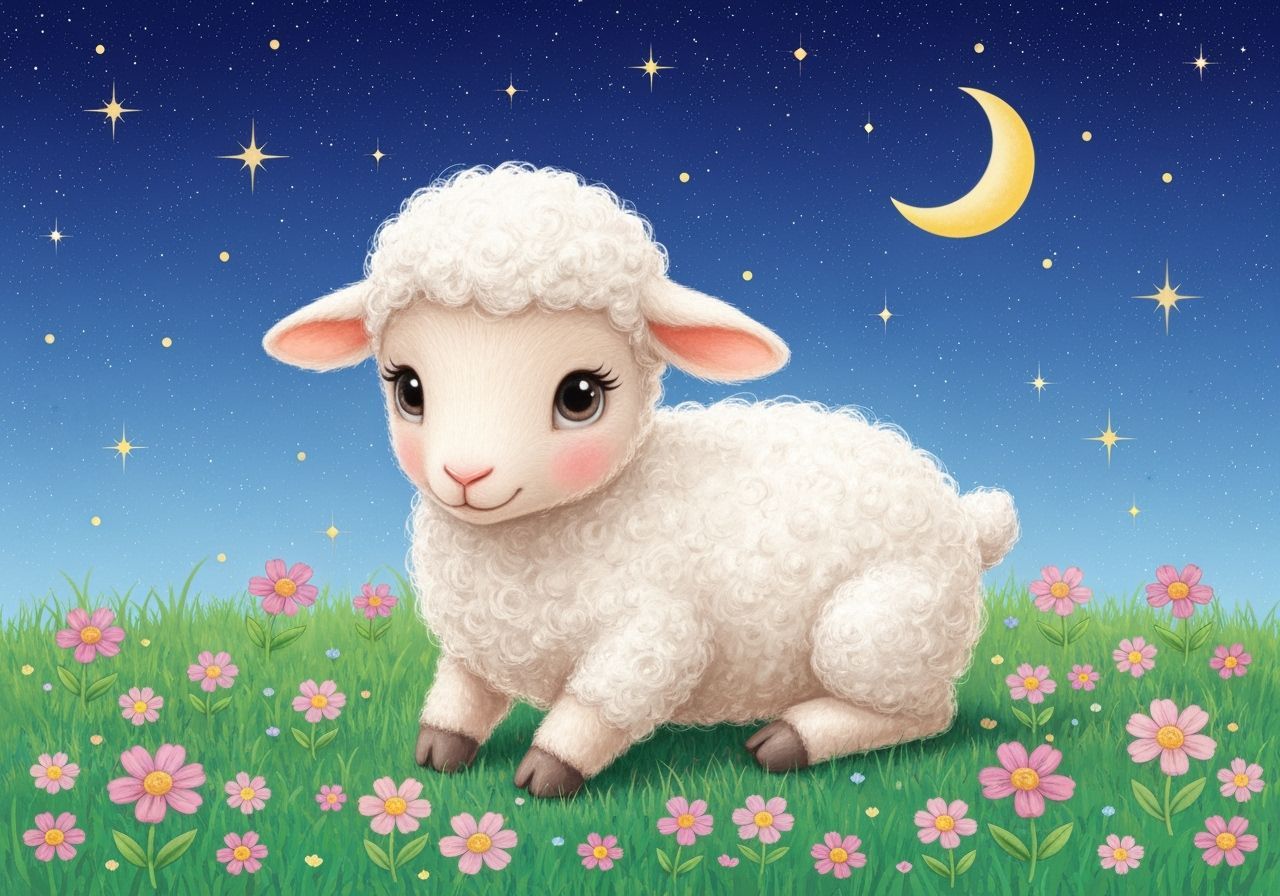 Cute Wool Lamb on Starry Night Grass