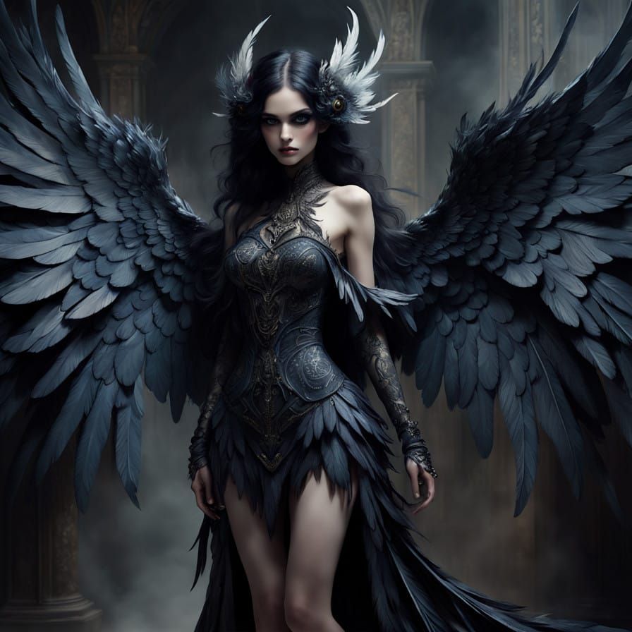 Goth Harpie with Ombre Wings and Intricate Feathers