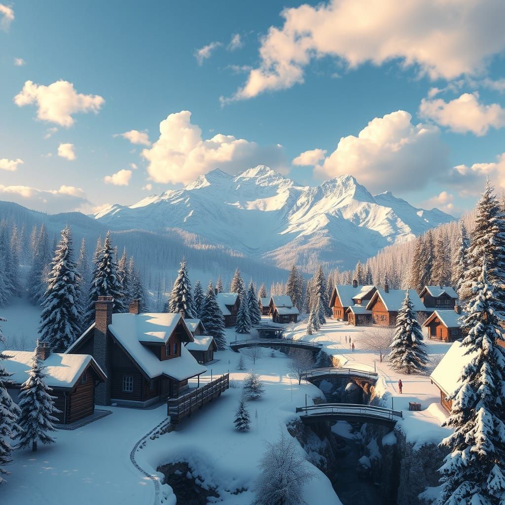 Snowy Village at the Foot of Majestic Mountains