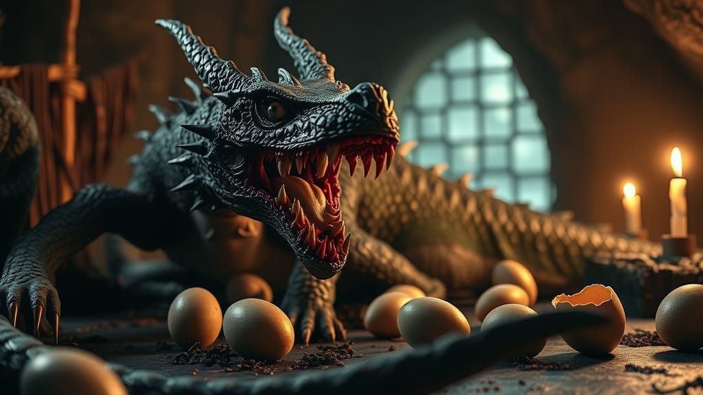 Photo-Realistic Zombie Dragon Hatching Eggs in Cave
