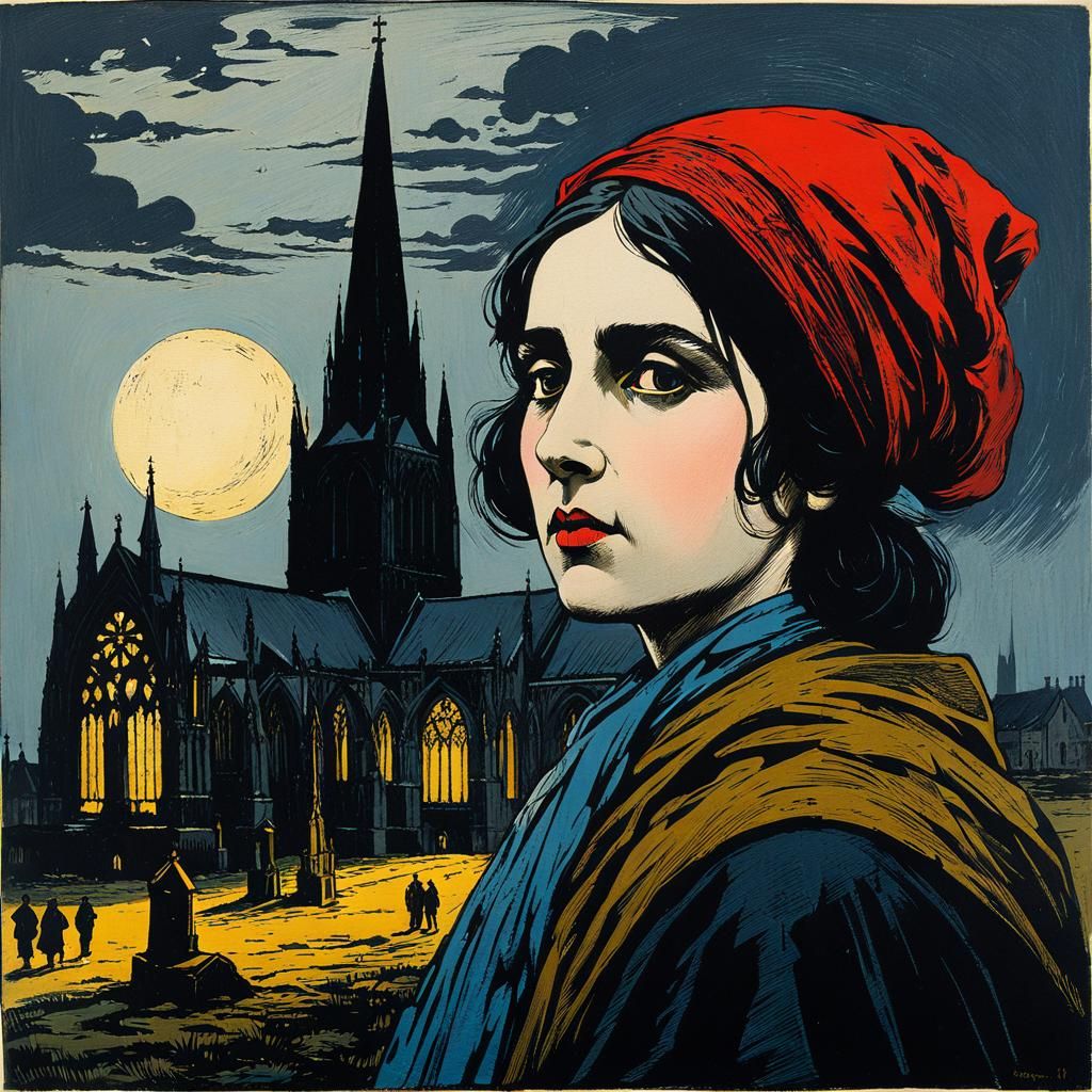 Celestial beautiful magic Vagrant, cathedral, sinister, moody, linocut, George Henry Boughton, Joan Eardley