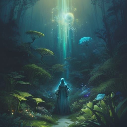 Surreal Bioluminescent Garden Scene in Cinematic Style
