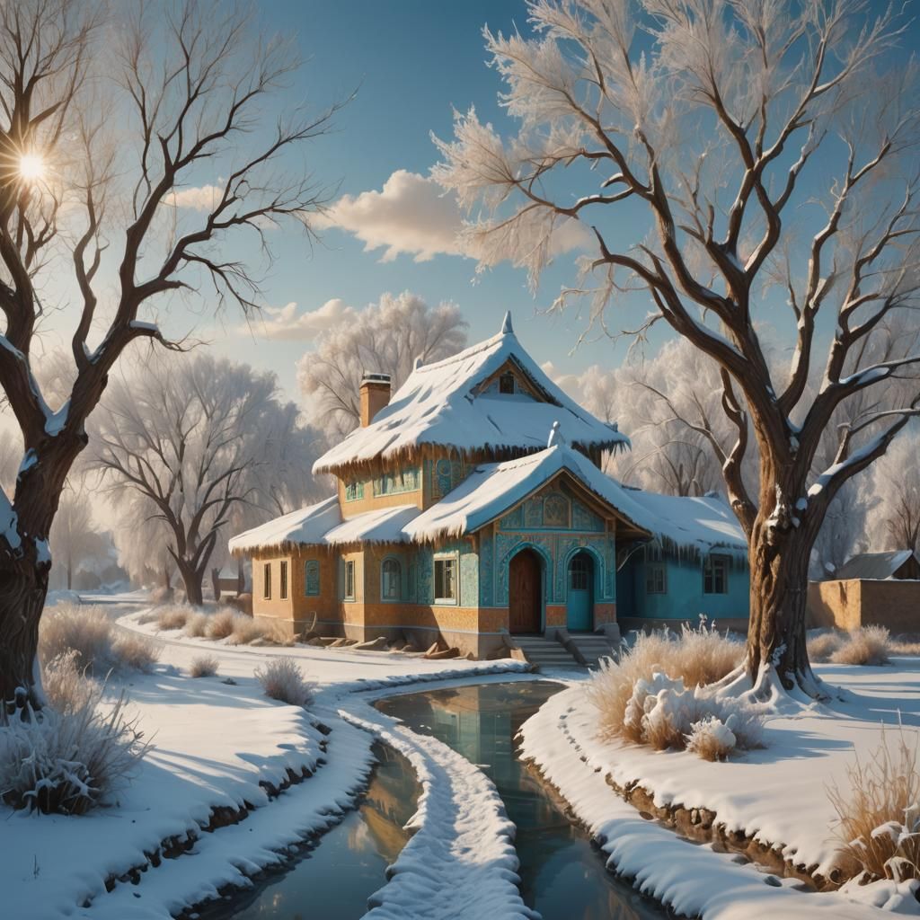 Uzbekistan Village House Reflected in Frozen River