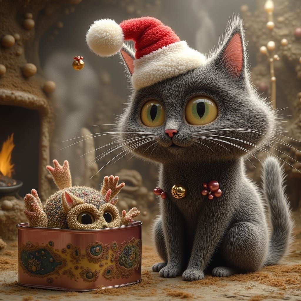 Charming Grey Persian Cat in Santa Hat