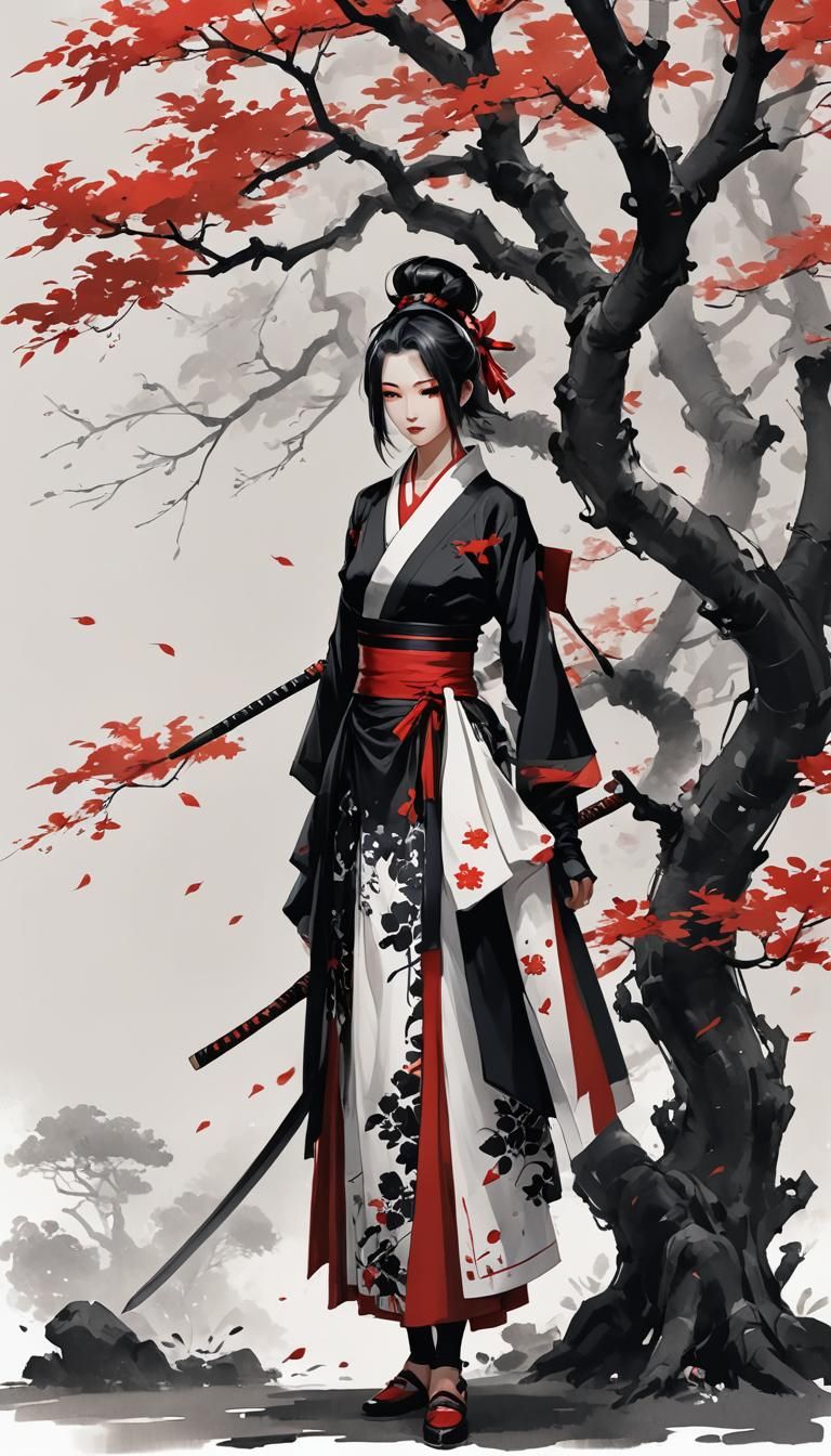 Minimalist Ink Painting of a Female Assassin