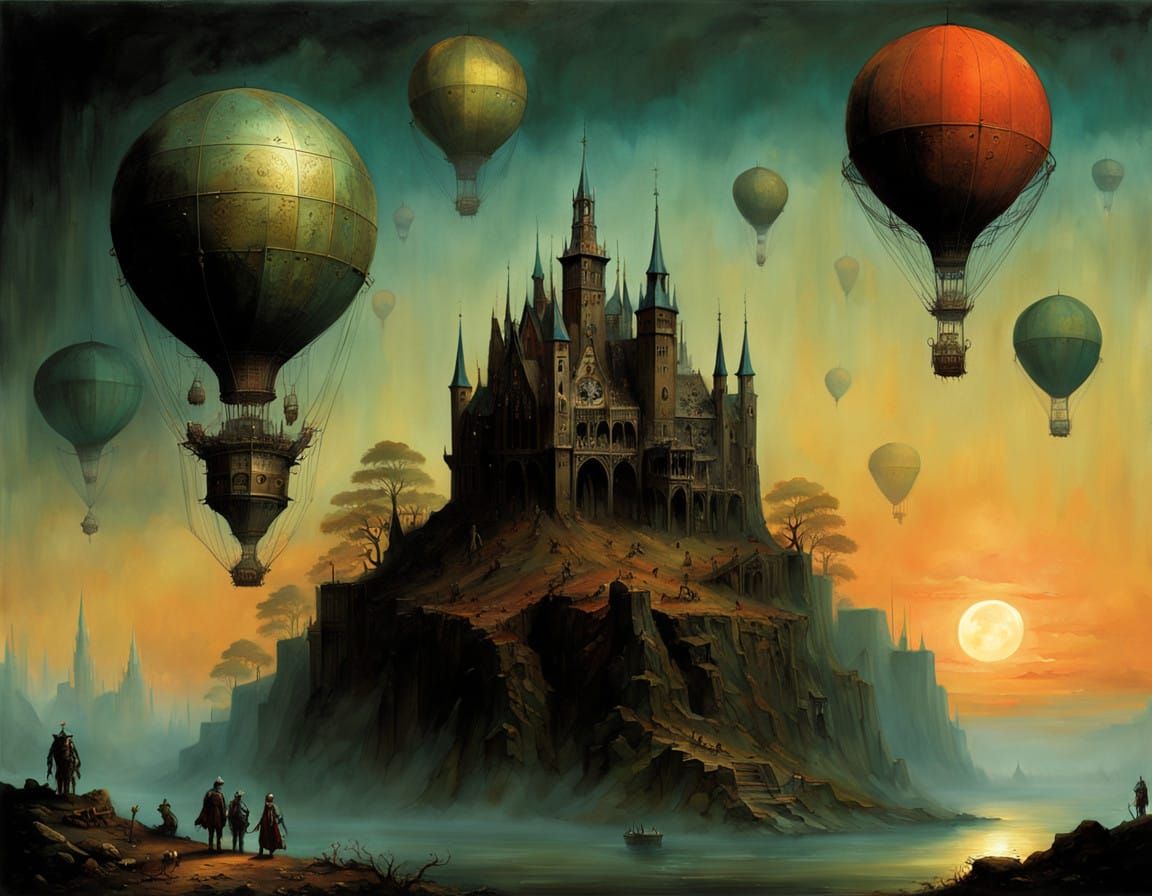 Bronze Robot in Hieronymus Bosch Landscape