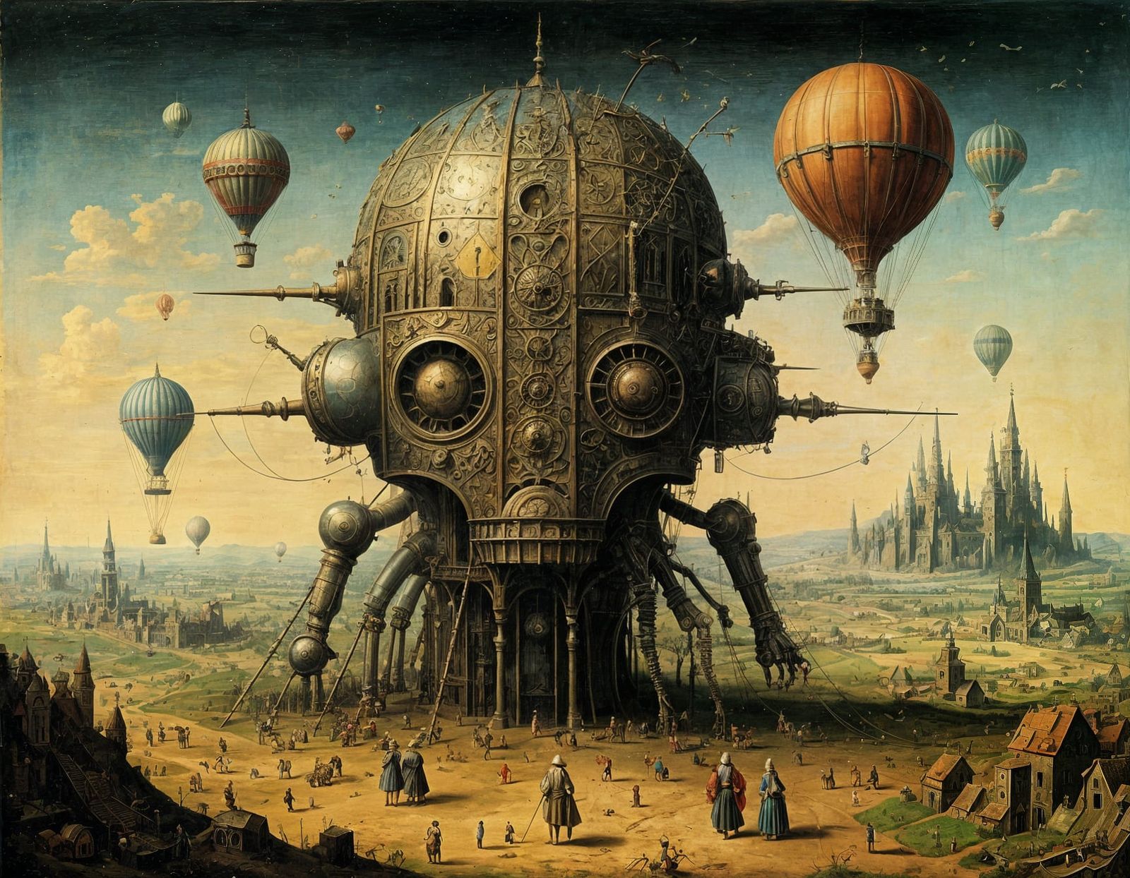 Surreal Renaissance Landscape with Robot and Medieval Scene