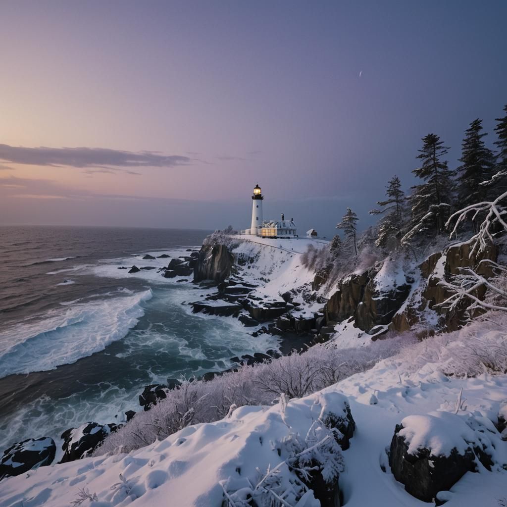 Winter Lighthouse on Rocky Coast: Cinematic Landscape