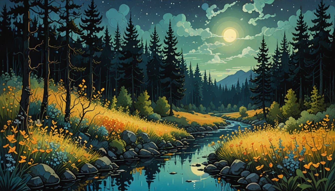 Enchanting Forest Nightscape with Wildlife and Stars