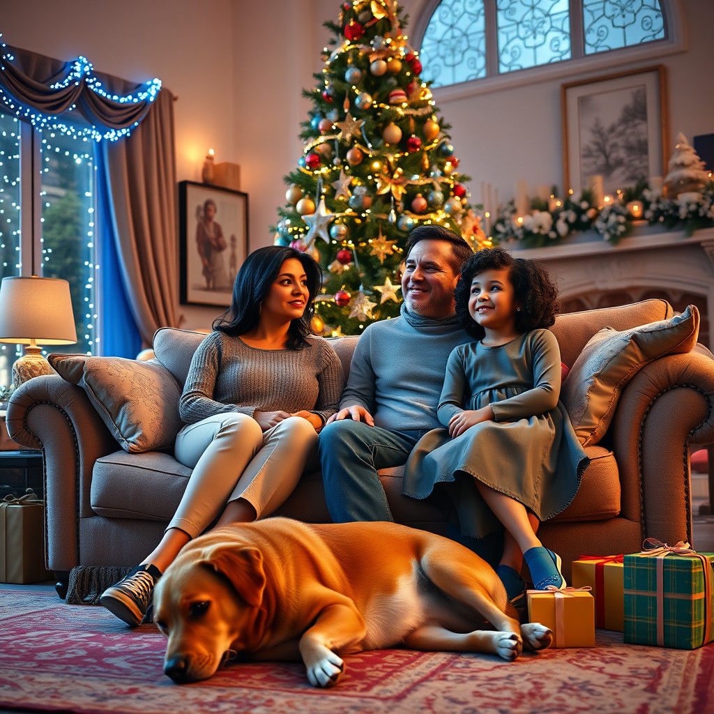 Happy Family Christmas Scene in Hyper-Realistic Photo
