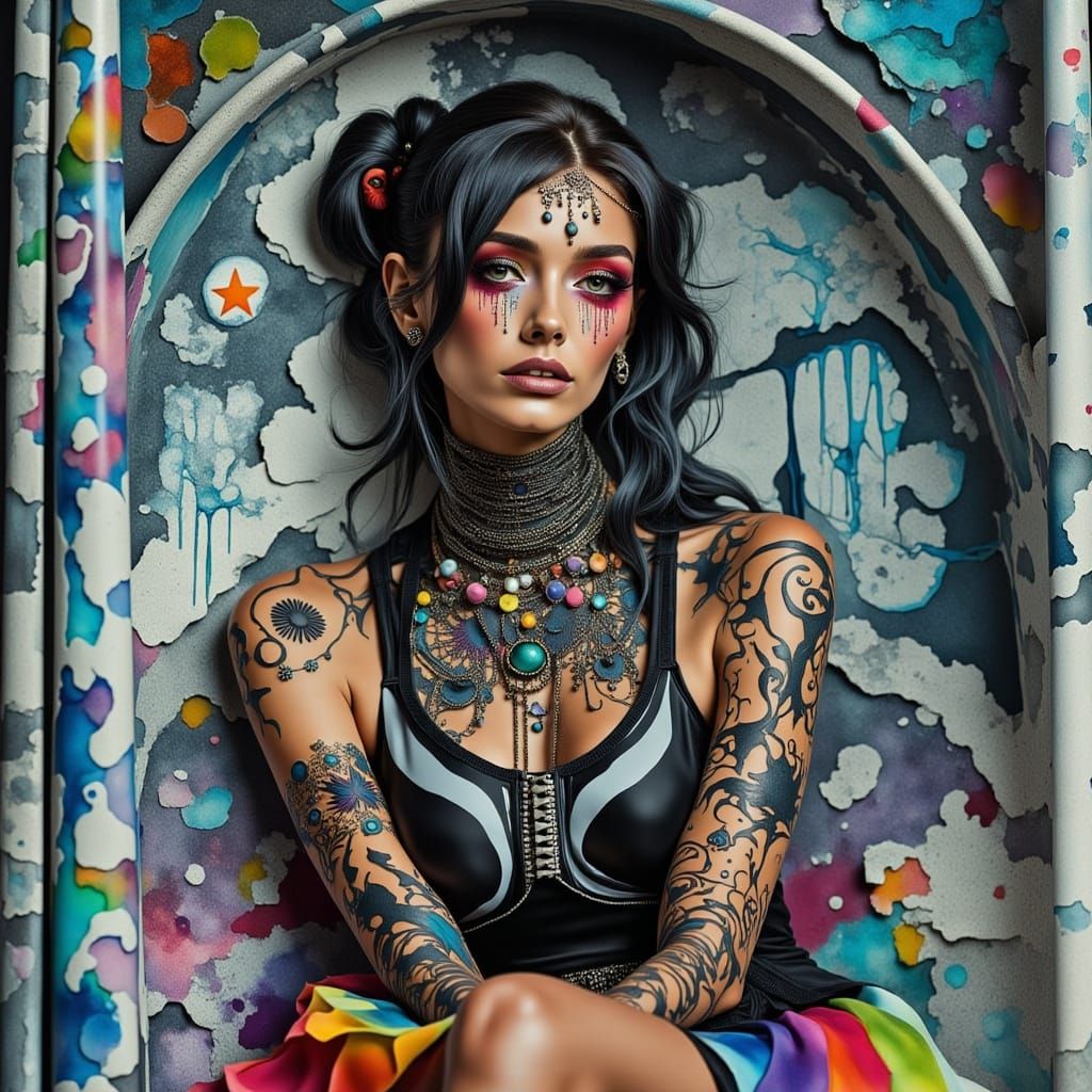 Hyperrealistic Woman in Futuristic Jewelry and Colorful Clot...