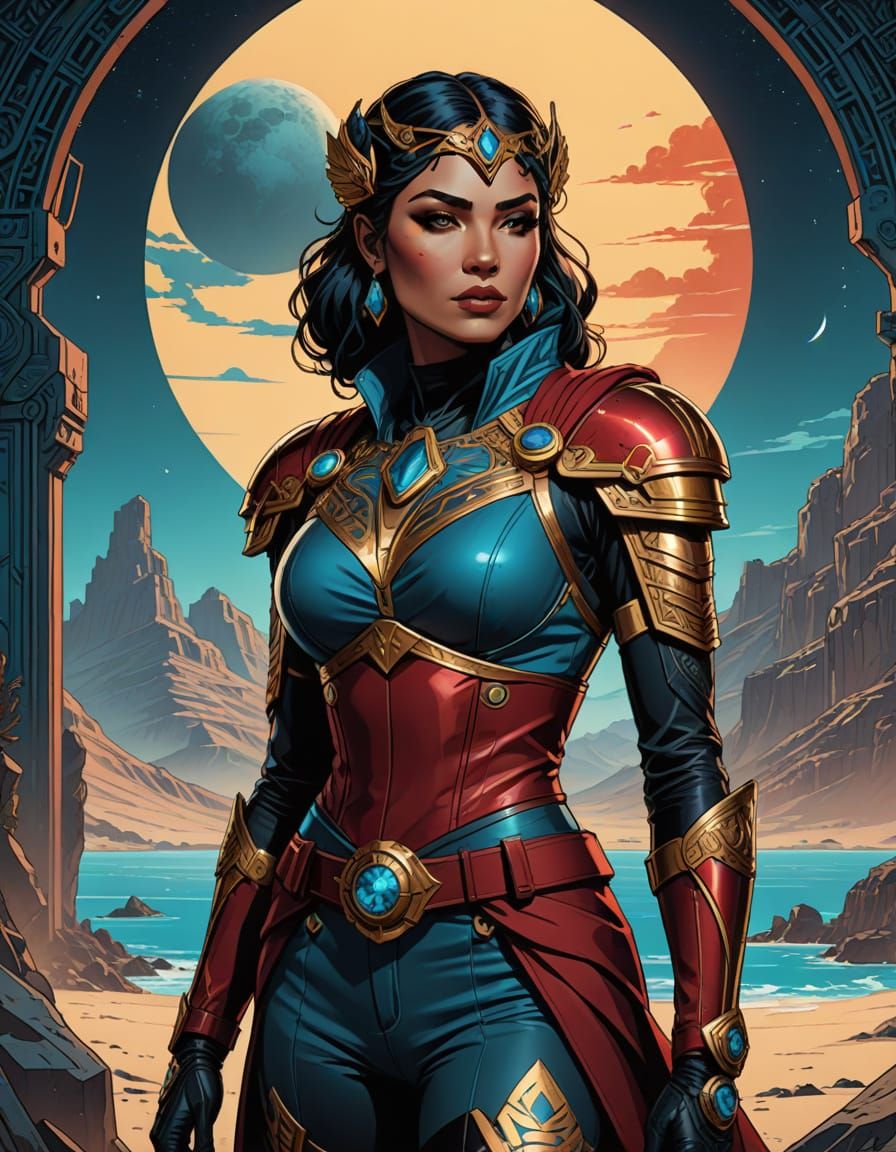 Empowered Biopunk Queen in Post-Apocalyptic Landscape