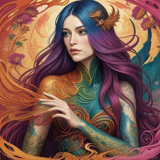 Dragon Peacock Woman in Abstract Fauvism Style