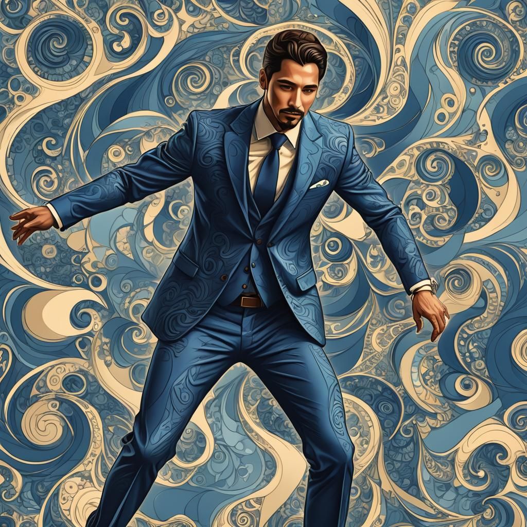 Dancing Hispanic Man in Blue Suit with Abstract Elements